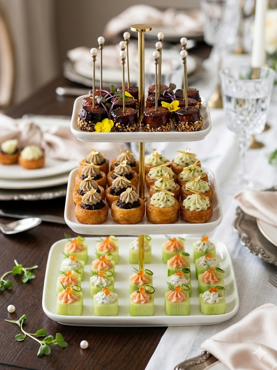 Elegant tiered canapé stand with savoury bites and decorated finger food